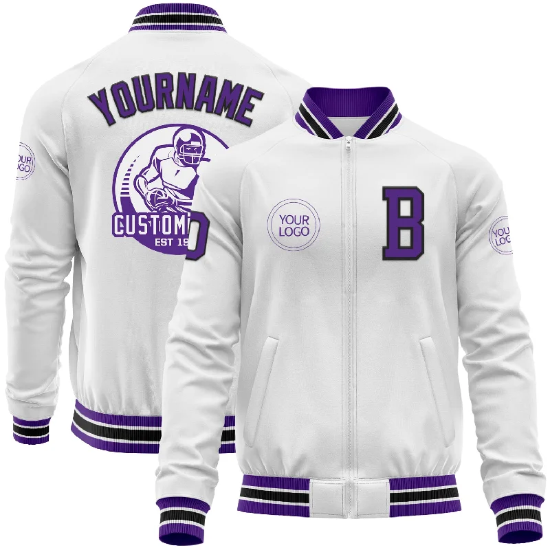 Casual Bomber Jacket for Street Style-Custom White Purple-Black Bomber Varsity Letterman Zipper Jacket