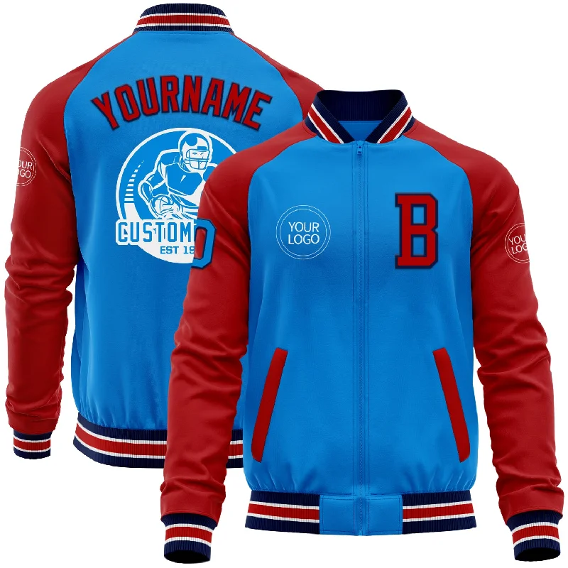 Sporty Zip-Up Jacket for Active Lifestyles-Custom Powder Blue Navy-Red Bomber Varsity Letterman Two Tone Zipper Jacket