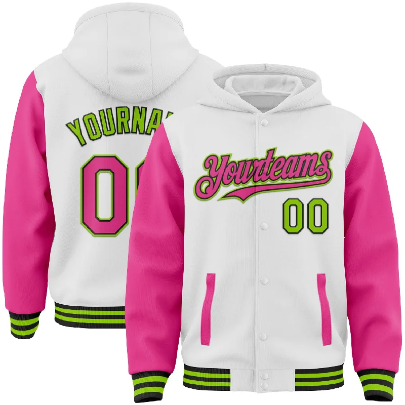 Classic Hoodie for Everyday Comfort-Custom White Pink Black-Neon Green Bomber Full-Snap Varsity Letterman Two Tone Hoodie Jacket