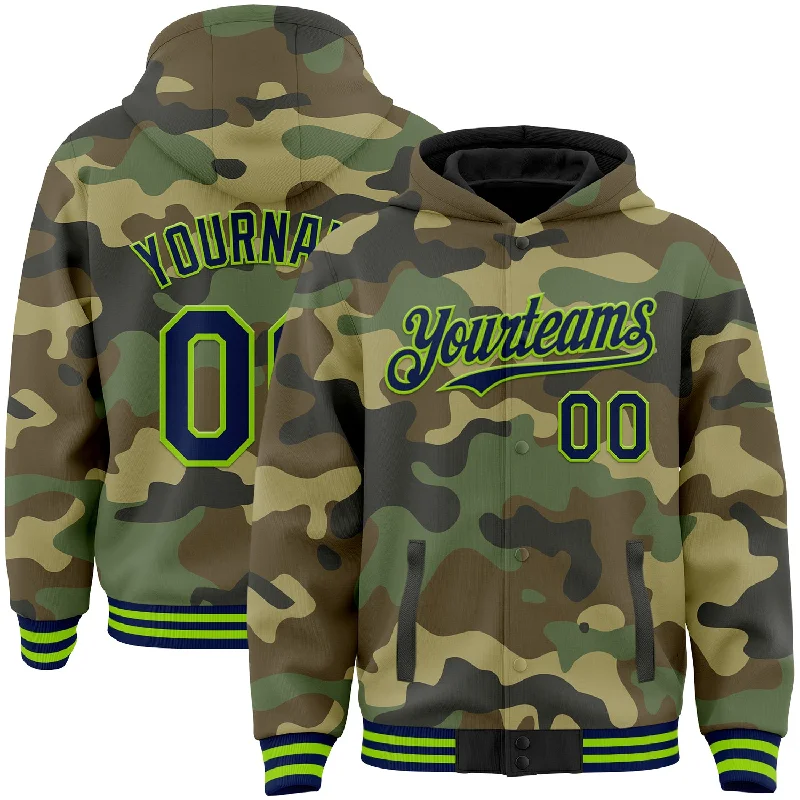 Casual Hoodie for Easy Layering-Custom Camo Navy-Neon Green Bomber Full-Snap Varsity Letterman Salute To Service Hoodie Jacket