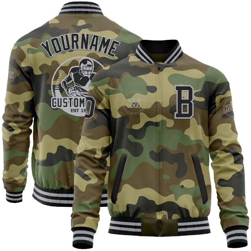 Cozy Cashmere Blend Jacket for Cold Nights-Custom Camo Black-Gray Bomber Varsity Letterman Salute To Service Zipper Jacket