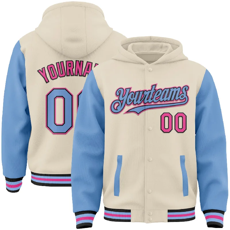 Warm Hoodie for Cold Weather-Custom Cream Light Blue Black-Pink Bomber Full-Snap Varsity Letterman Two Tone Hoodie Jacket