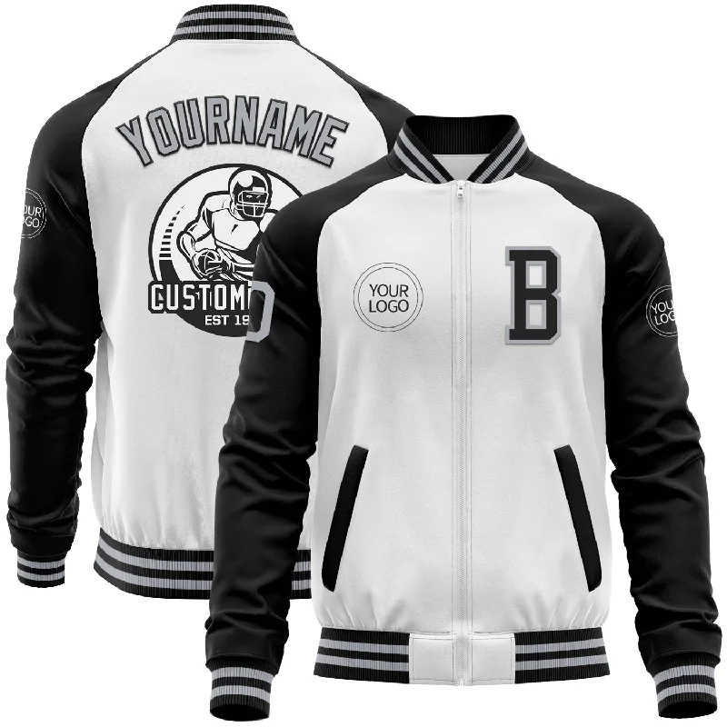 Soft Wool Jacket for Elegant Style-Custom White Gray-Black Bomber Varsity Letterman Two Tone Zipper Jacket