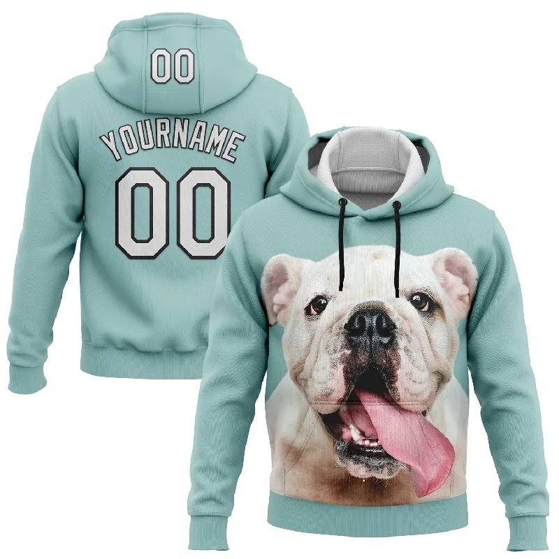 Soft Cotton Hoodie for Comfort All Day-Custom Stitched Ice Blue White-Black 3D Pattern Design Bulldog Sports Pullover Sweatshirt Hoodie