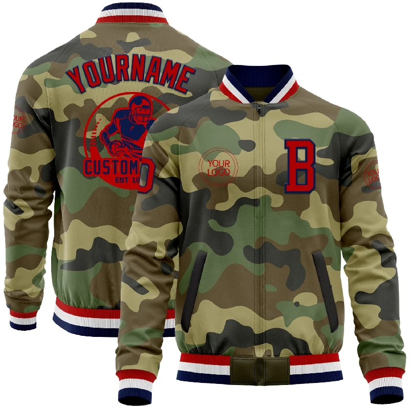 Casual Outdoor Jacket for Adventure Seekers-Custom Camo Red-Navy Bomber Varsity Letterman Salute To Service Zipper Jacket