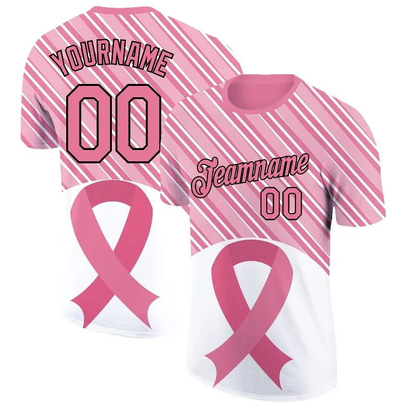 Cute Cartoon T-Shirt for Fun Fashion-Custom Medium Pink Black-White 3D Pink Ribbon Breast Cancer Performance T-Shirt