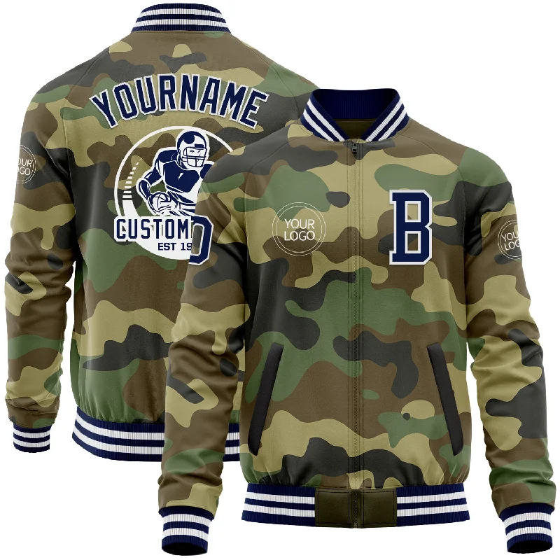 Cozy Puffer Jacket for Winter Relaxation-Custom Camo Navy-White Bomber Varsity Letterman Salute To Service Zipper Jacket