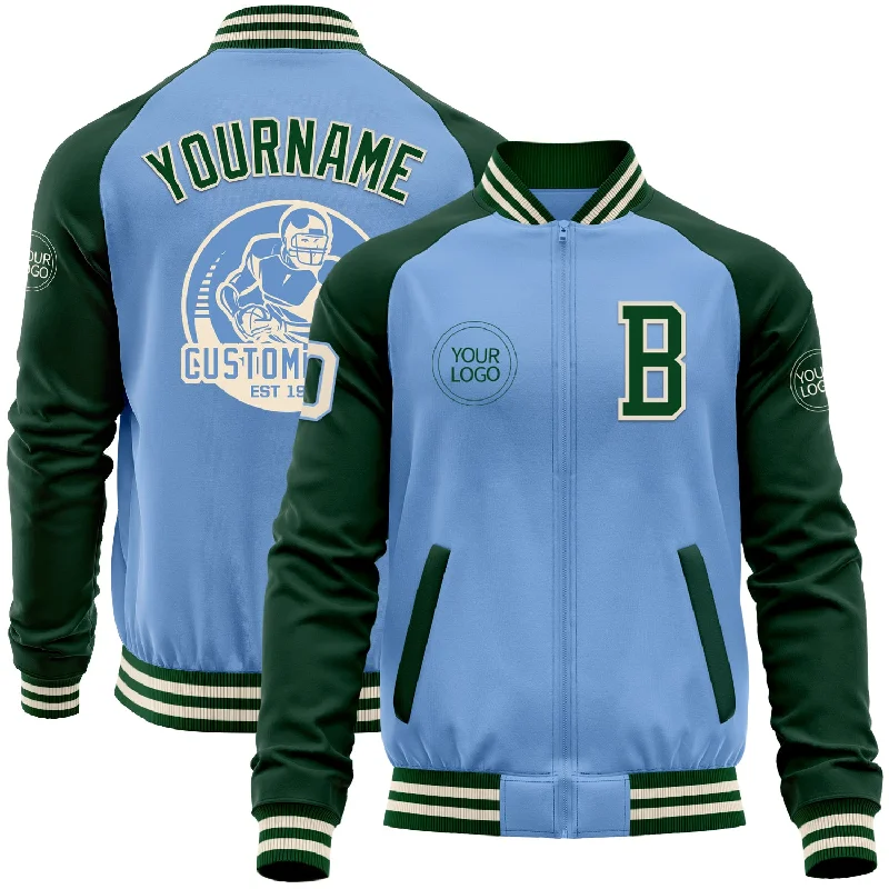 Trendy Camouflage Jacket for Street Style-Custom Light Blue Cream-Green Bomber Varsity Letterman Two Tone Zipper Jacket