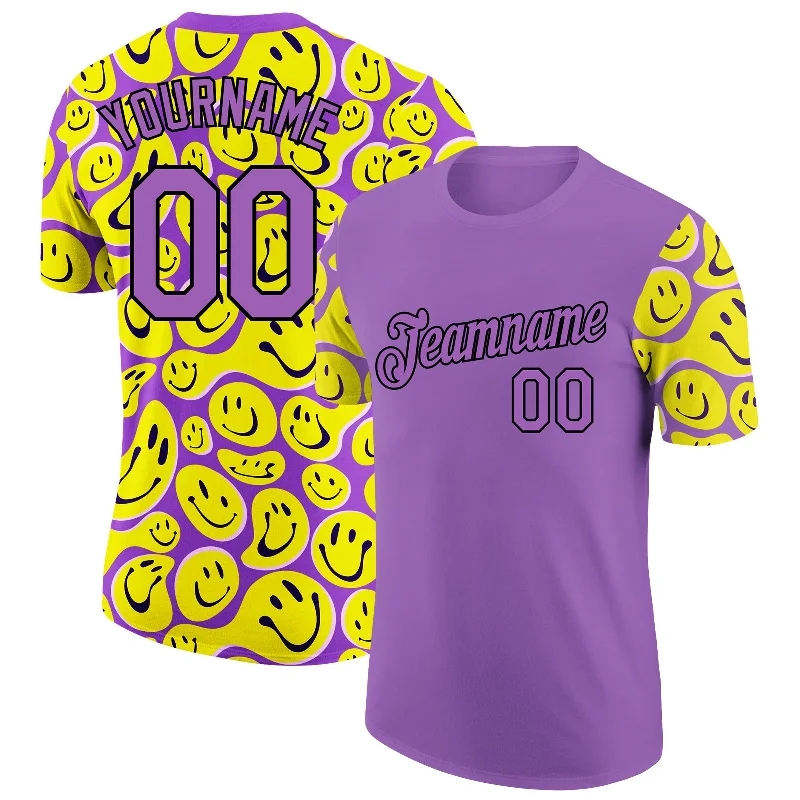 Sports Team T-Shirt for Fans and Supporters-Custom Medium Purple Black 3D Pattern Design Smile Emoji Performance T-Shirt