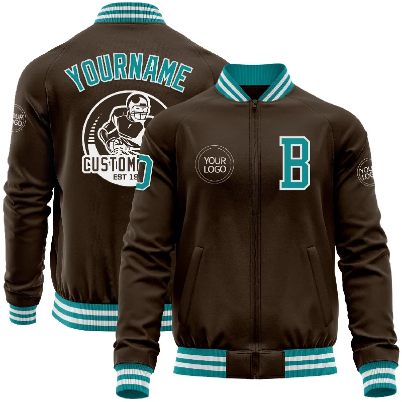 Fashionable Windbreaker Jacket for Layering-Custom Brown Teal-White Bomber Varsity Letterman Zipper Jacket