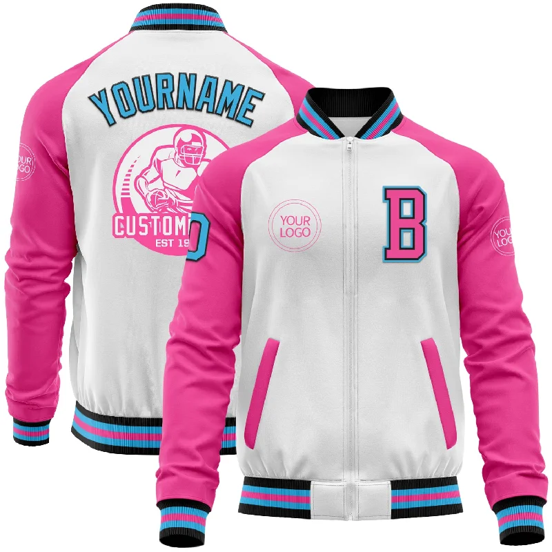 Trendy Hooded Jacket for Casual Outfits-Custom White Sky Blue Black-Pink Bomber Varsity Letterman Two Tone Zipper Jacket