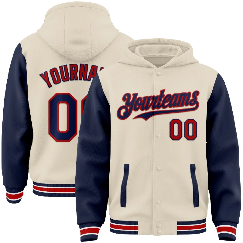 Stylish Hoodie for Weekend Outings-Custom Cream Navy Red-White Bomber Full-Snap Varsity Letterman Two Tone Hoodie Jacket