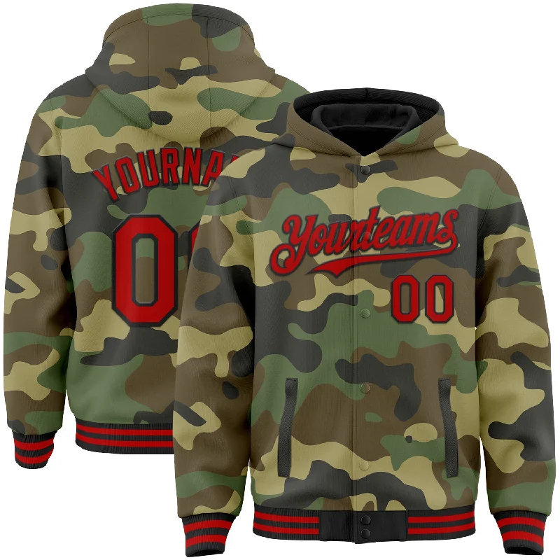 Athletic Hoodie for Training and Running-Custom Camo Red-Black Bomber Full-Snap Varsity Letterman Salute To Service Hoodie Jacket