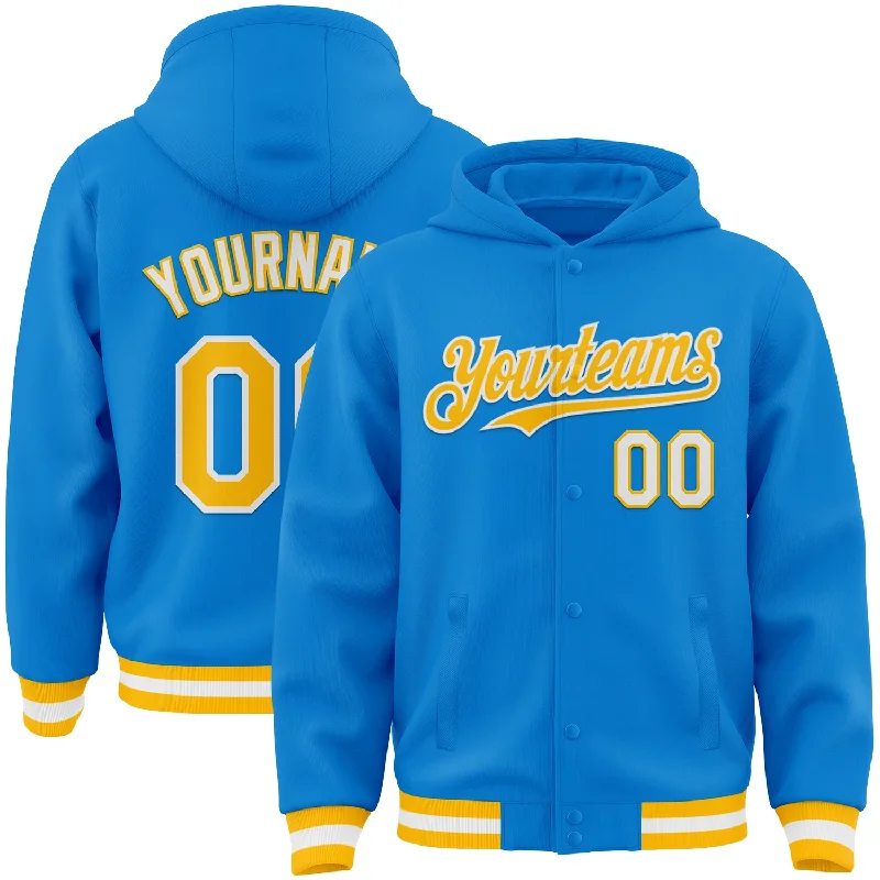 Stylish Hooded Pullover for Casual Outfits-Custom Powder Blue Gold-White Bomber Full-Snap Varsity Letterman Hoodie Jacket