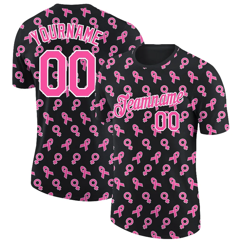 High-Quality Active T-Shirt for Outdoor Sports-Custom Black Pink-White 3D Pink Ribbon Breast Cancer Performance T-Shirt