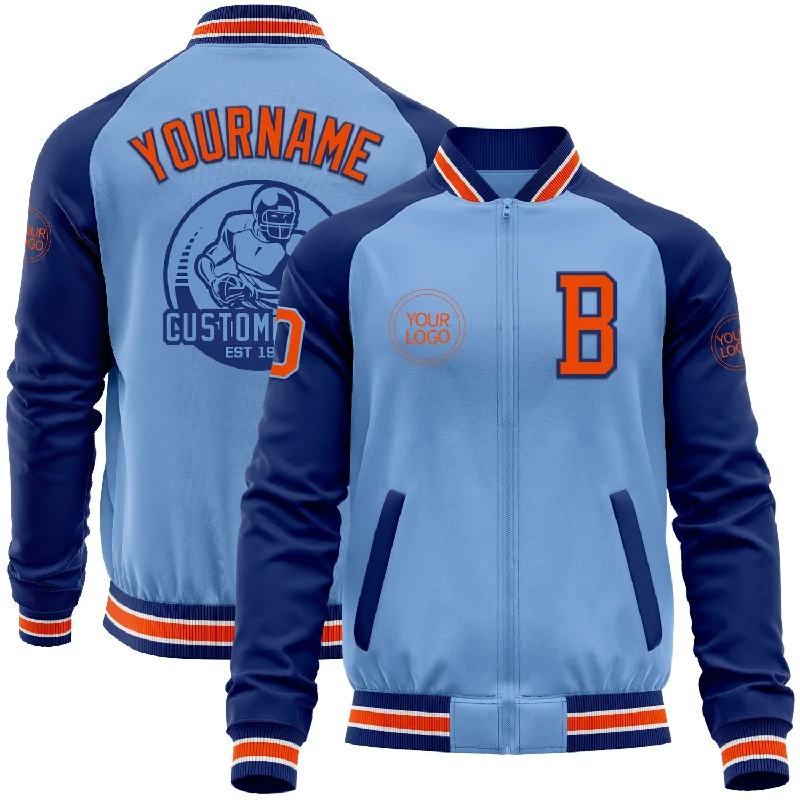 Warm Ski Jacket for Mountain Adventures-Custom Light Blue Orange-Royal Bomber Varsity Letterman Two Tone Zipper Jacket