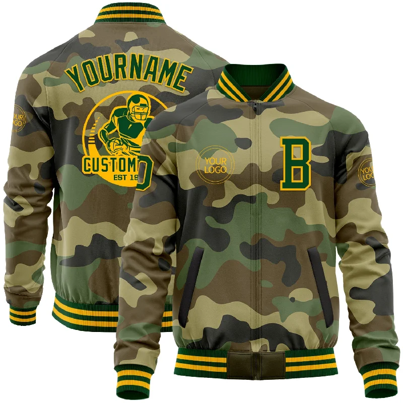 Warm Sherpa Jacket for Cold Temperatures-Custom Camo Green-Gold Bomber Varsity Letterman Salute To Service Zipper Jacket