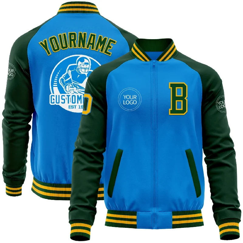 Waterproof Outdoor Jacket for Hiking Adventures-Custom Powder Blue Gold-Green Bomber Varsity Letterman Two Tone Zipper Jacket