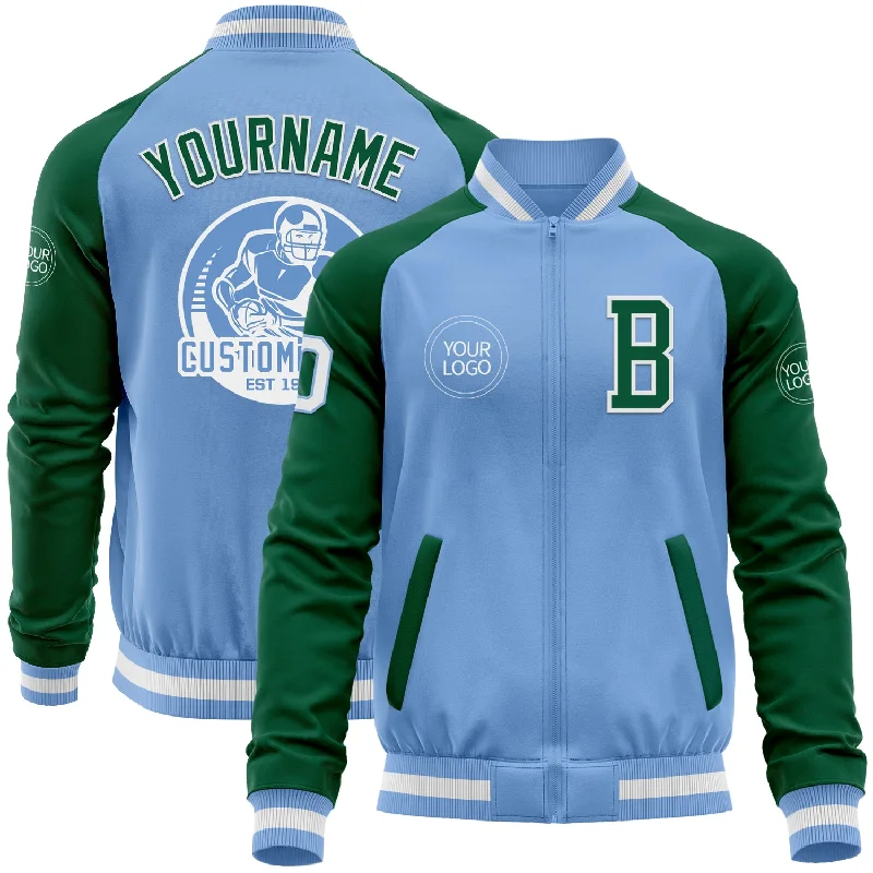 Sporty Track Jacket for Athleisure Style-Custom Light Blue White-Kelly Green Bomber Varsity Letterman Two Tone Zipper Jacket