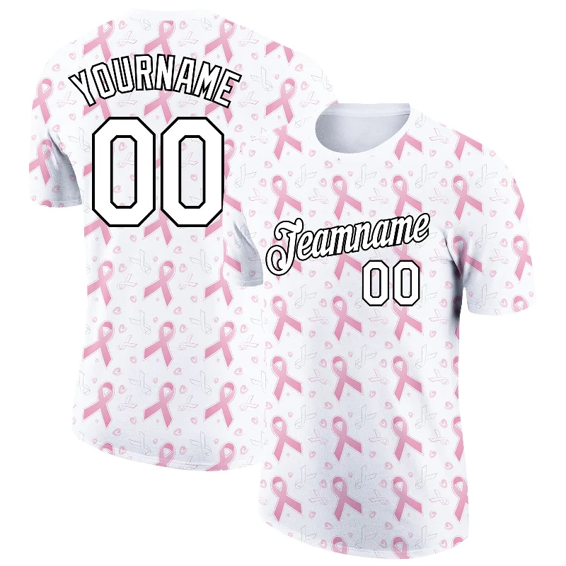 Trendy Minimalist T-Shirt for Sleek Look-Custom White Black 3D Pink Ribbon Breast Cancer Performance T-Shirt