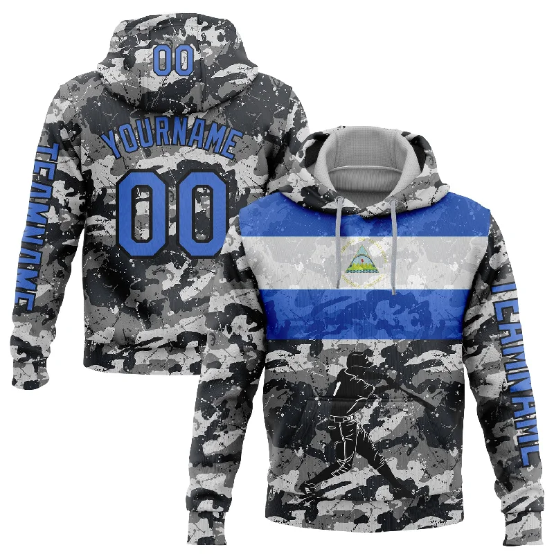 Warm Zip-Up Hoodie for Cool Weather-Custom Stitched Camo Powder Blue-Black 3D Nicaragua Nicaraguan Flag Sports Pullover Sweatshirt Salute To Service Hoodie