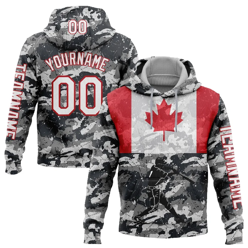 Fashionable Hoodie for Weekend Wear-Custom Stitched Camo White-Fire Red 3D Canada Canadian Flag Sports Pullover Sweatshirt Salute To Service Hoodie