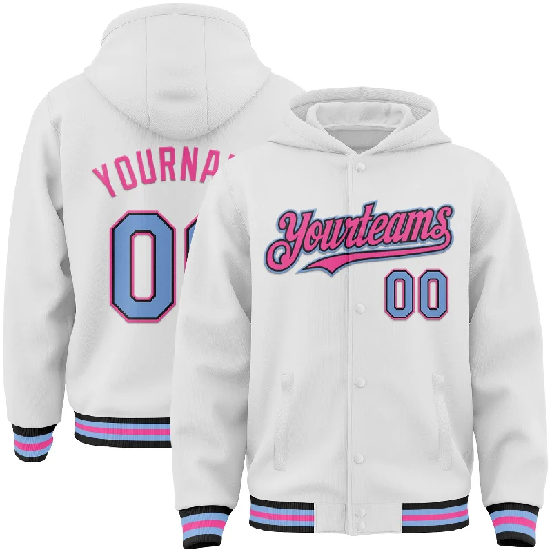 Stylish Hoodie with Patches for a Unique Look-Custom White Light Blue Black-Pink Bomber Full-Snap Varsity Letterman Hoodie Jacket