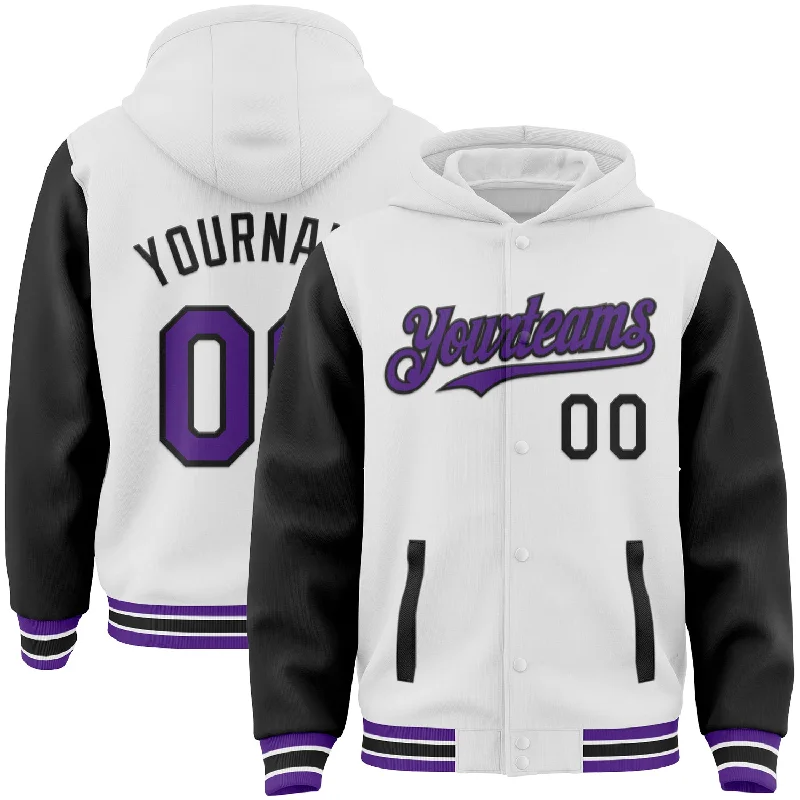 Hoodie with Printed Logo for Sports Fans-Custom White Purple-Black Bomber Full-Snap Varsity Letterman Two Tone Hoodie Jacket