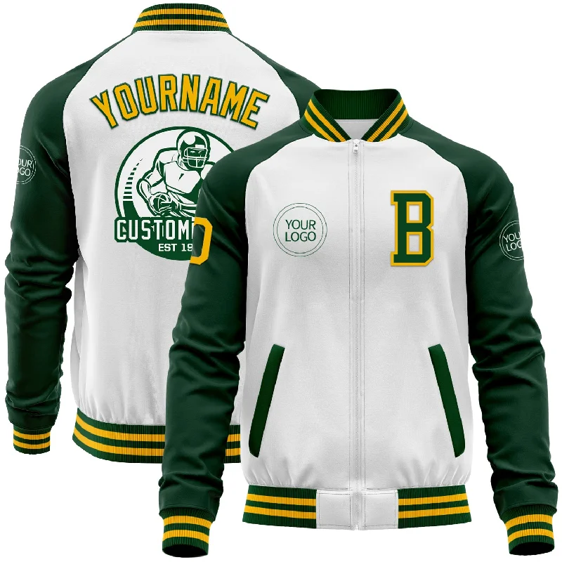 Breathable Running Jacket for Active Movement-Custom White Gold-Green Bomber Varsity Letterman Two Tone Zipper Jacket