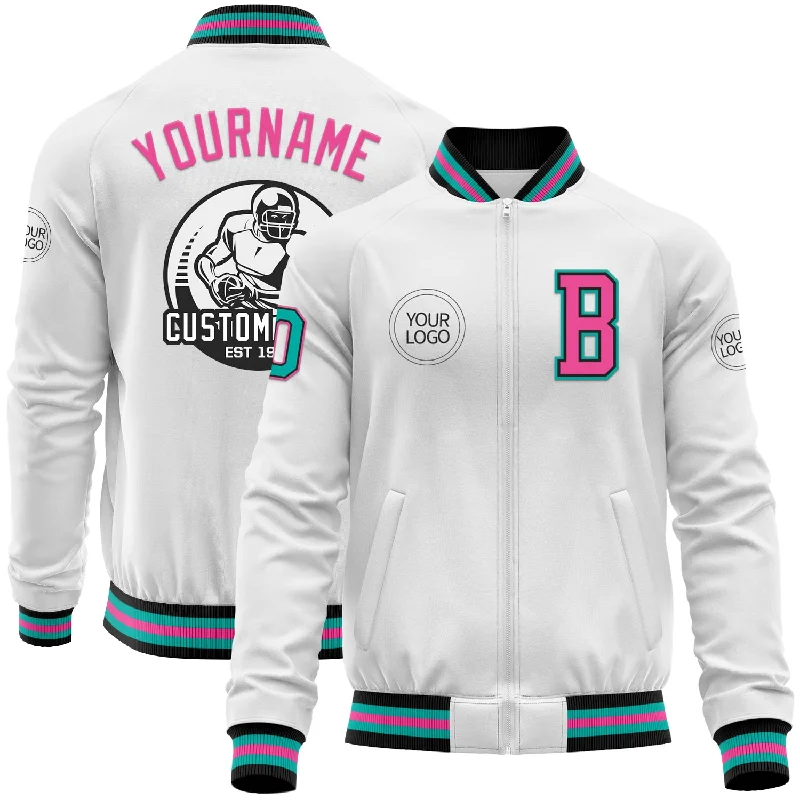 Wind-Resistant Jacket for Active Lifestyles-Custom White Aqua Black-Pink Bomber Varsity Letterman Zipper Jacket