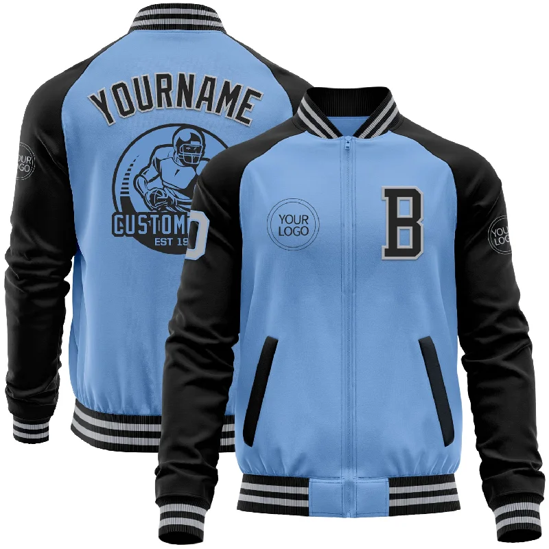 Sporty Baseball Jacket for Casual Outfits-Custom Light Blue Gray-Black Bomber Varsity Letterman Two Tone Zipper Jacket