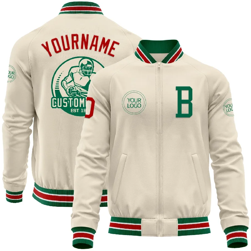 Premium Denim Jacket for Timeless Fashion-Custom Cream Red Kelly Green-White Bomber Varsity Letterman Zipper Jacket