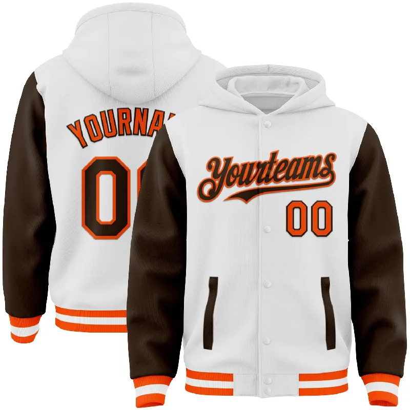 Warm Hoodie for Cold Nights-Custom White Brown-Orange Bomber Full-Snap Varsity Letterman Two Tone Hoodie Jacket