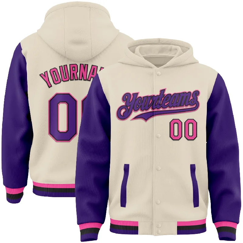 Comfortable Hoodie for Traveling in Style-Custom Cream Purple Black-Pink Bomber Full-Snap Varsity Letterman Two Tone Hoodie Jacket