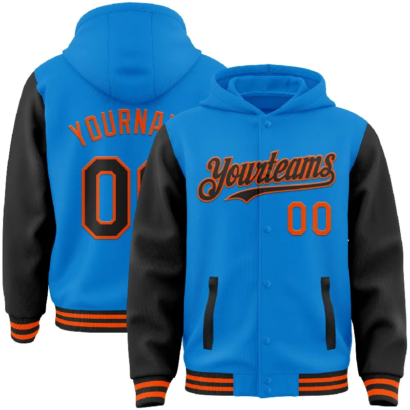 Comfy Hoodie with Fleece Lining for Warmth-Custom Powder Blue Black-Orange Bomber Full-Snap Varsity Letterman Two Tone Hoodie Jacket