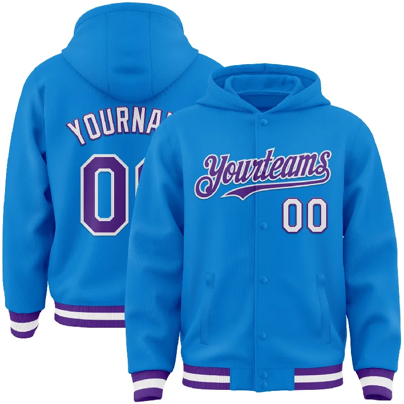 Warm Hoodie for Cold Weather-Custom Powder Blue Purple-White Bomber Full-Snap Varsity Letterman Hoodie Jacket