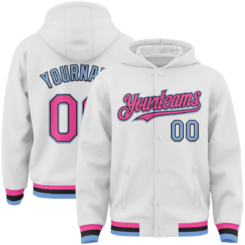 Soft Hoodie for Relaxing After Workouts-Custom White Pink Light Blue-Black Bomber Full-Snap Varsity Letterman Hoodie Jacket