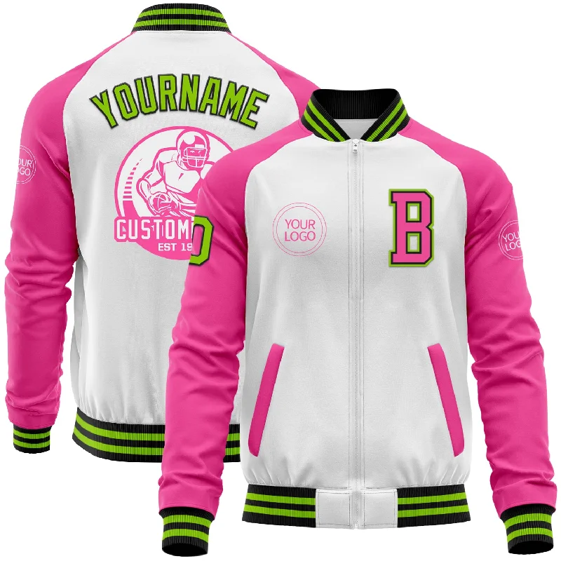 Classic Peacoat Jacket for Timeless Look-Custom White Neon Green Black-Pink Bomber Varsity Letterman Two Tone Zipper Jacket