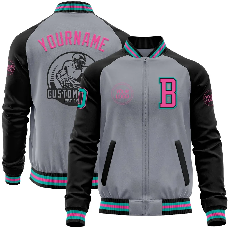 Reversible Jacket for Versatile Looks-Custom Gray Aqua Black-Pink Bomber Varsity Letterman Two Tone Zipper Jacket