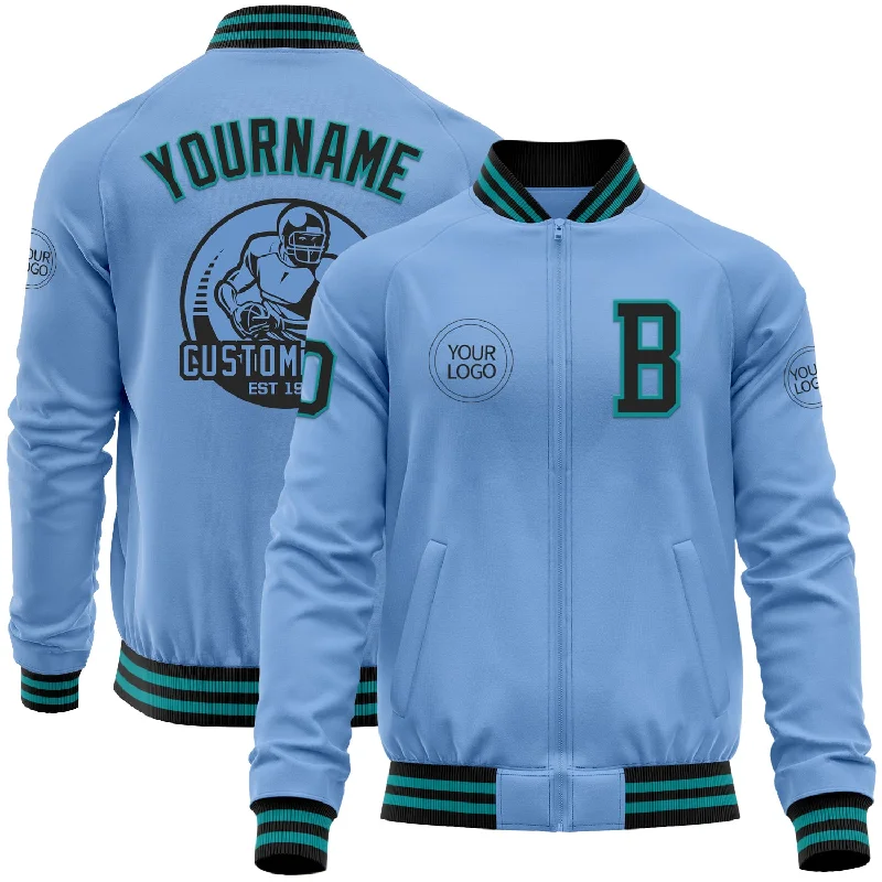 Stylish Leather Jacket for Trendy Look-Custom Light Blue Black-Teal Bomber Varsity Letterman Zipper Jacket