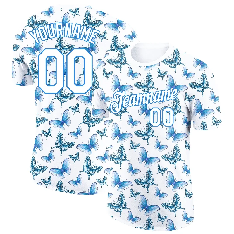 Graphic Tee T-Shirt for Bold Statements-Custom White Powder Blue 3D Pattern Design Butterfly Performance T-Shirt