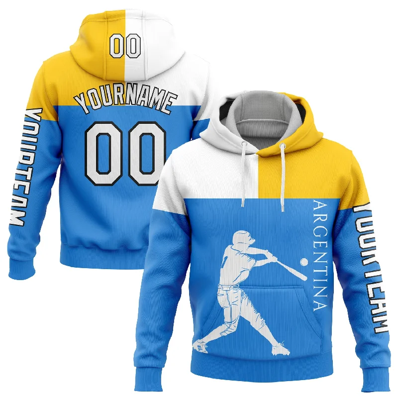 Soft Cotton Hoodie for Relaxing at Home-Custom Stitched Powder Blue Yellow-Black 3D Argentina Argentinian Flag Sports Pullover Sweatshirt Hoodie