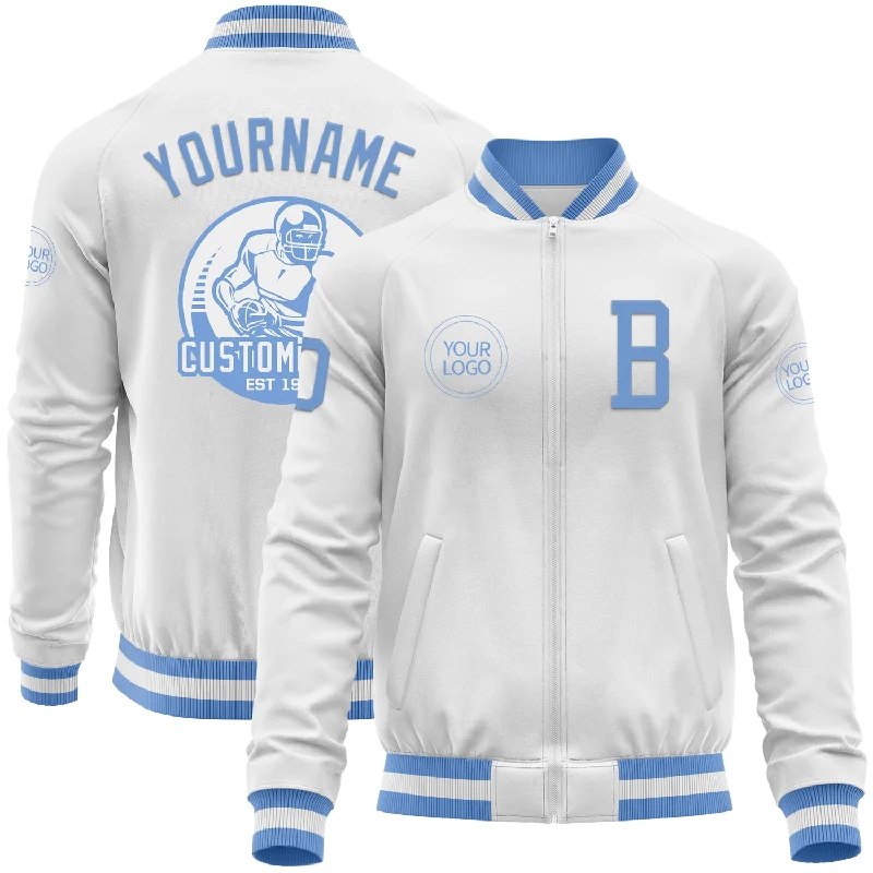 Trendy Bomber Jacket with Patches for Unique Look-Custom White Light Blue Bomber Varsity Letterman Zipper Jacket