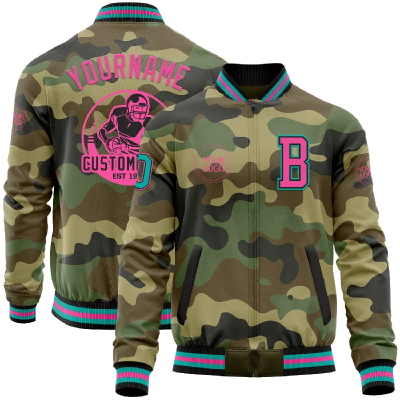 Casual Denim Button-Up Jacket for Relaxed Style-Custom Camo Aqua Black-Pink Bomber Varsity Letterman Salute To Service Zipper Jacket