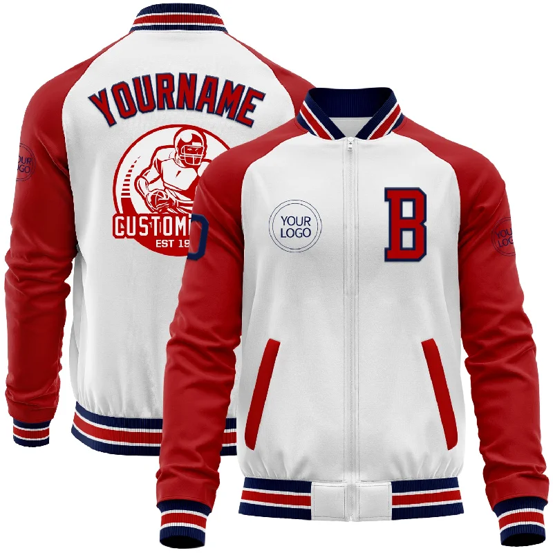 Stylish Leather Jacket for Trendy Look-Custom White Navy-Red Bomber Varsity Letterman Two Tone Zipper Jacket