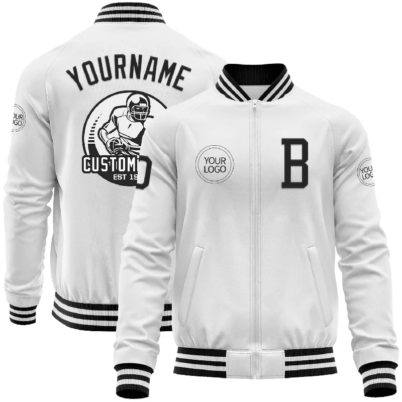 Chic Double-Breasted Wool Jacket for Elegance-Custom White Black Bomber Varsity Letterman Zipper Jacket