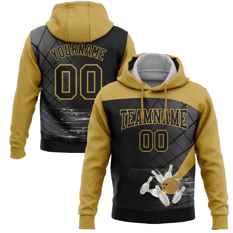 Stylish Hoodie with Patches for a Unique Look-Custom Stitched Black Old Gold 3D Bowling Sports Pullover Sweatshirt Hoodie