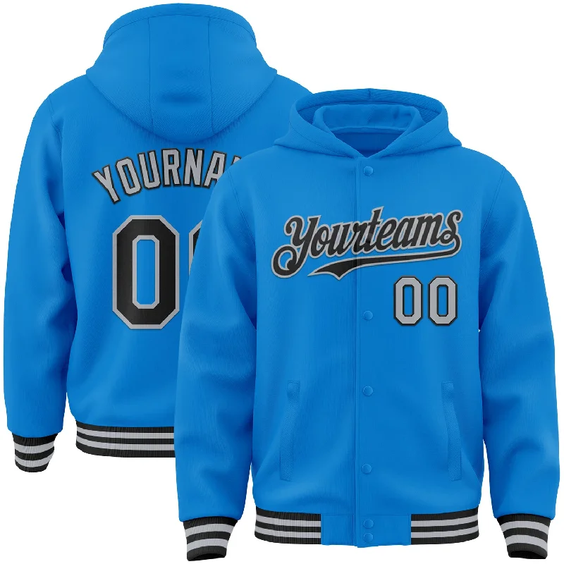 Sporty Hoodie for Active Lifestyles-Custom Powder Blue Black-Gray Bomber Full-Snap Varsity Letterman Hoodie Jacket