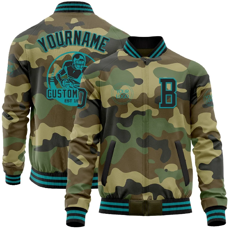 Versatile Outdoor Jacket for All-Weather Wear-Custom Camo Black-Teal Bomber Varsity Letterman Salute To Service Zipper Jacket