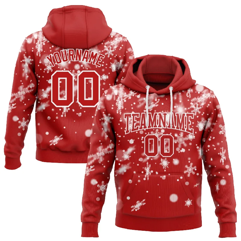 Warm Fleece Hoodie for Ultimate Cold Protection-Custom Stitched Red White Christmas Snowflakes 3D Sports Pullover Sweatshirt Hoodie